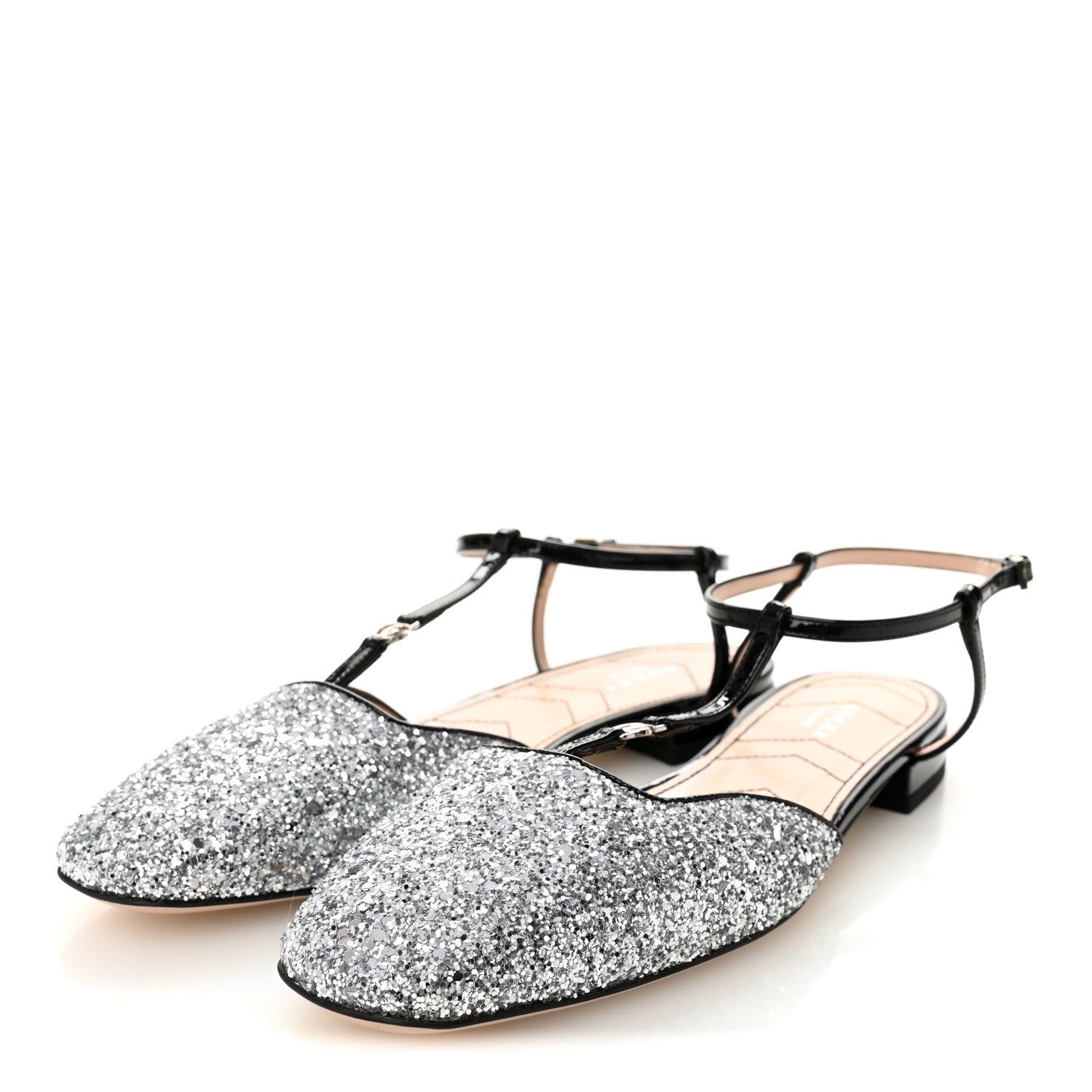 CALFSKIN GLITTER DOUBLE G SLINGBACK FLATS SILVER BLACK