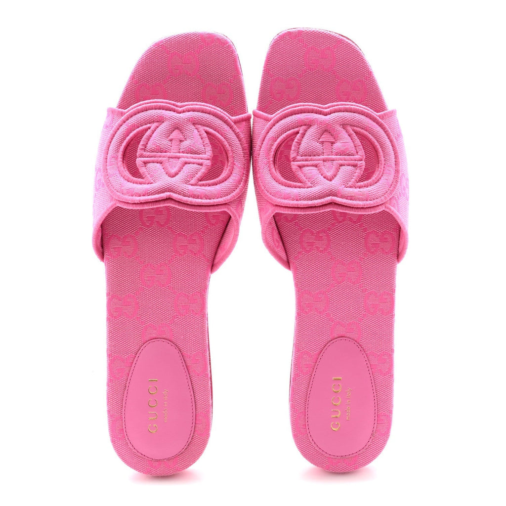 CANVAS INTERLOCKING G WOMENS SLIDE SANDALS BLOSSOM ROSE