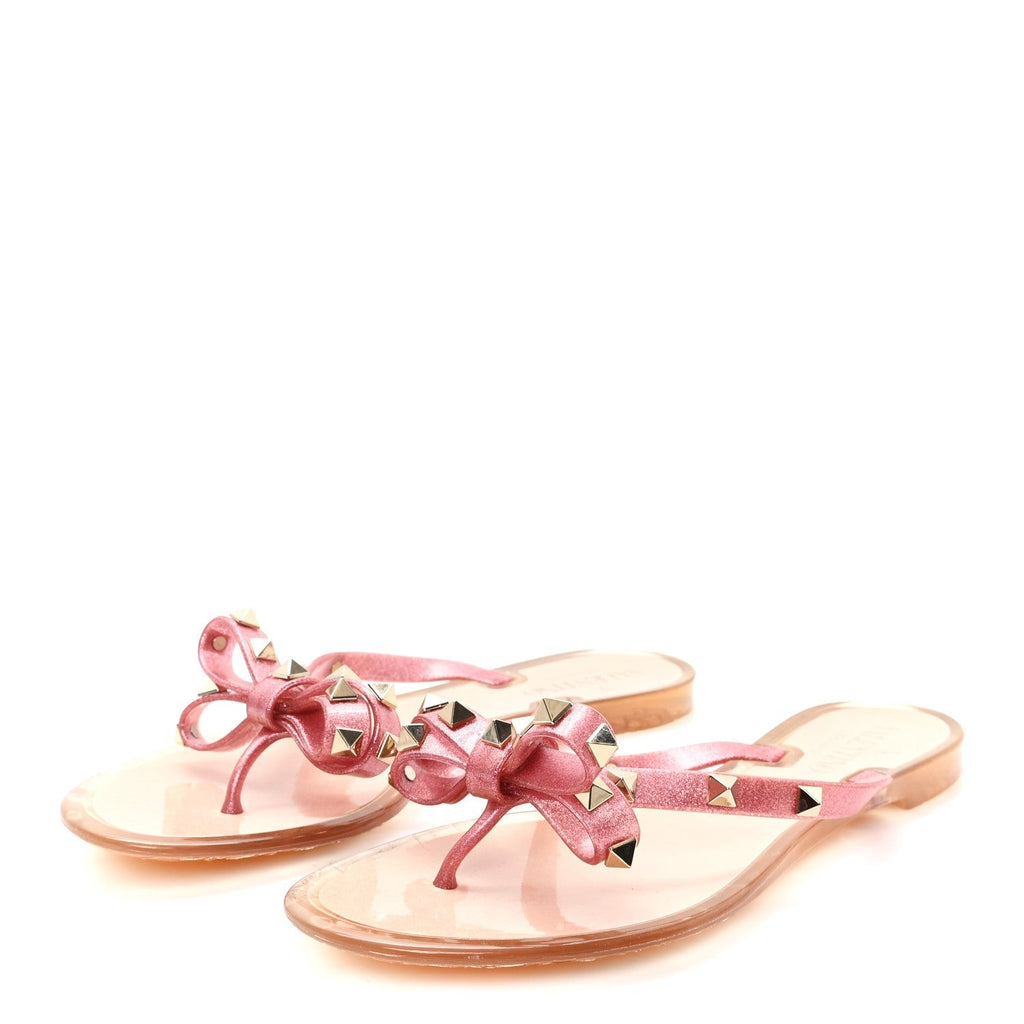 PVC JELLY GLITTER ROCKSTUD BOW THONG SANDALS PINK