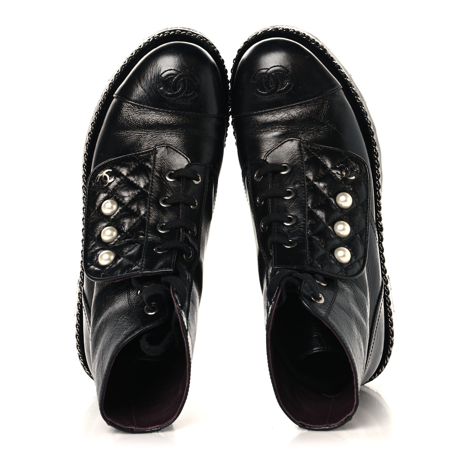 CRACKLED CALFSKIN VELVET PEARL COMBAT SHORT BOOTS BLACK