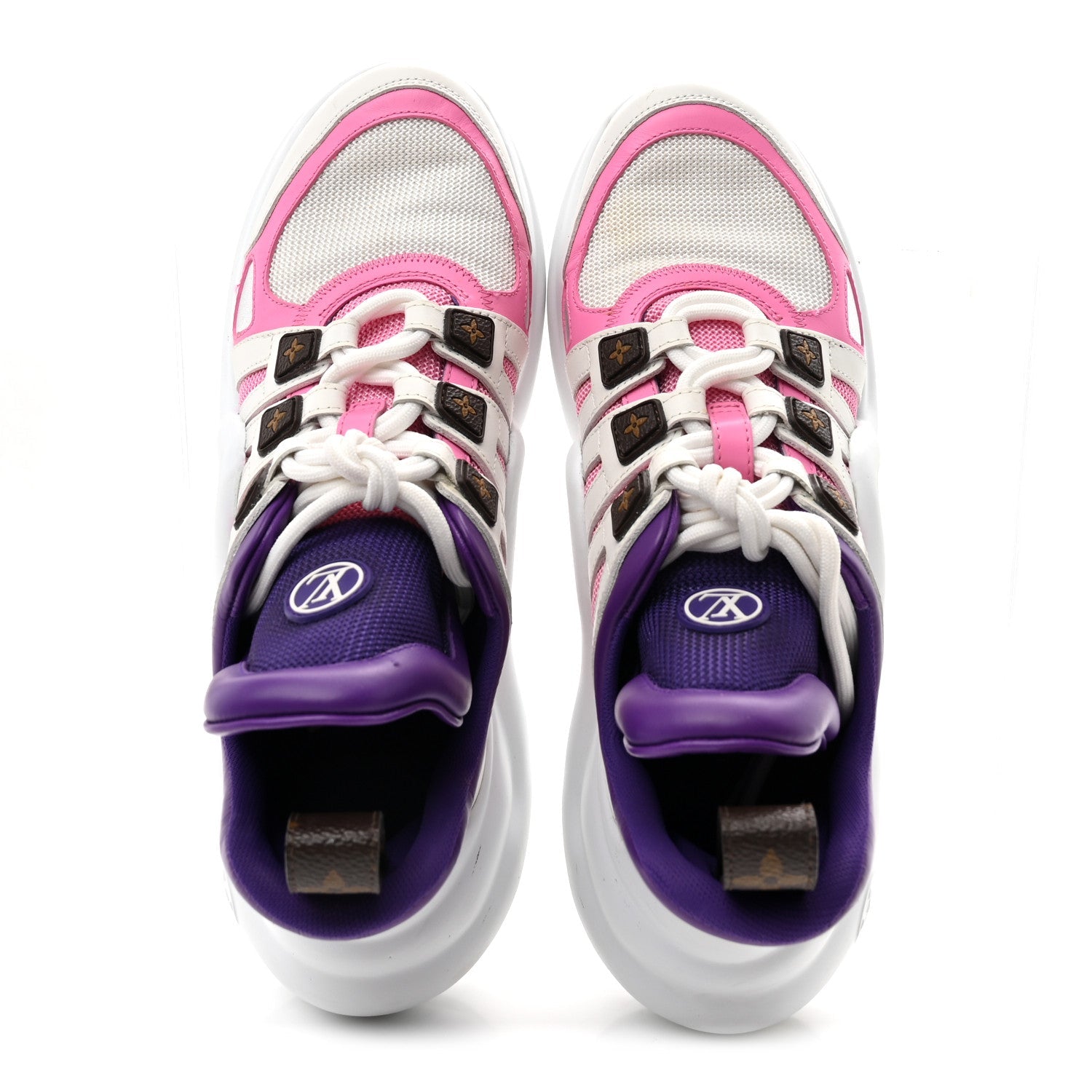 CALFSKIN TECHNICAL NYLON LV ARCHLIGHT SNEAKERS WHITE PINK PURPLE