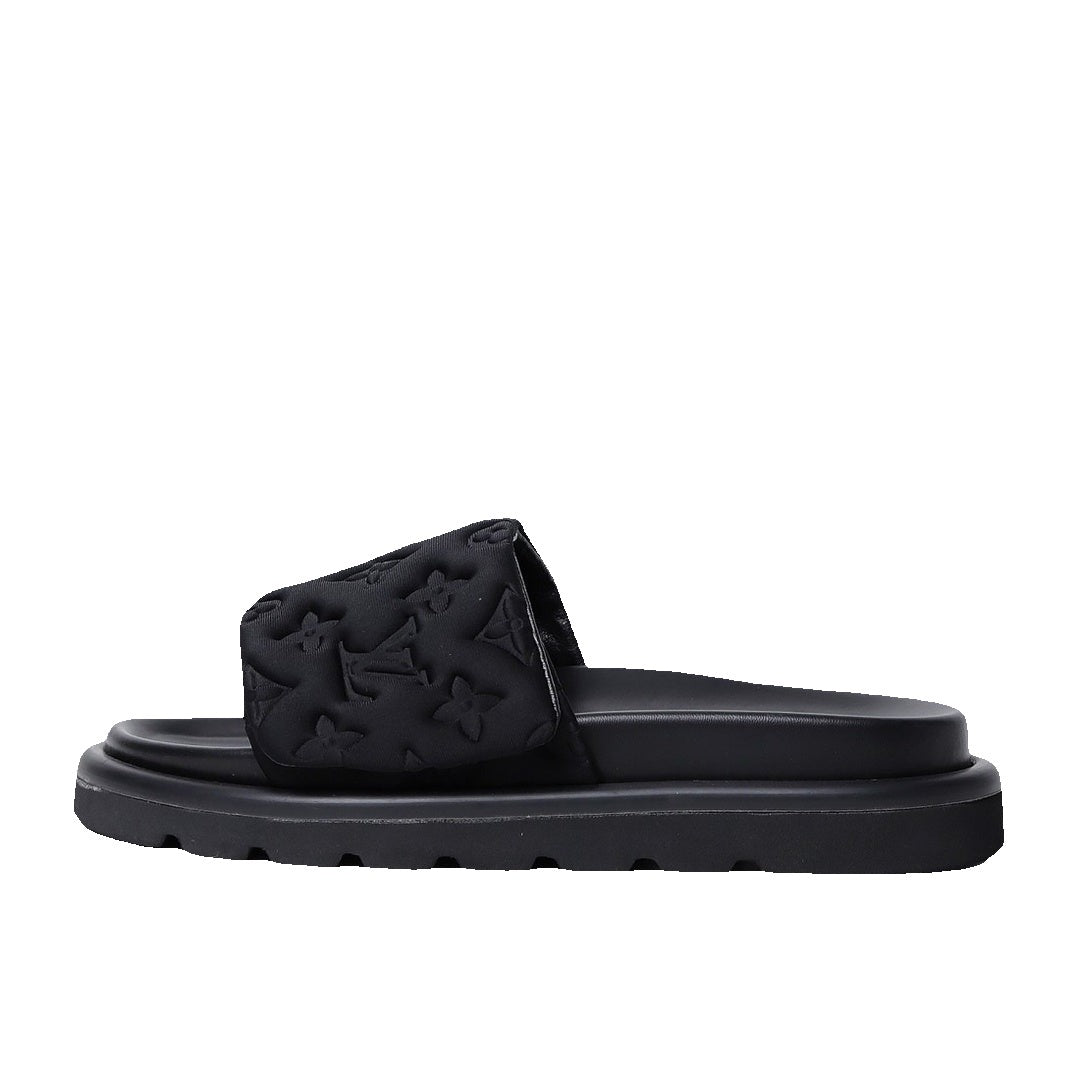 Louis Vuitton Lambskin Embossed Monogram Pool Pillow Flat Comfort Mule - Black