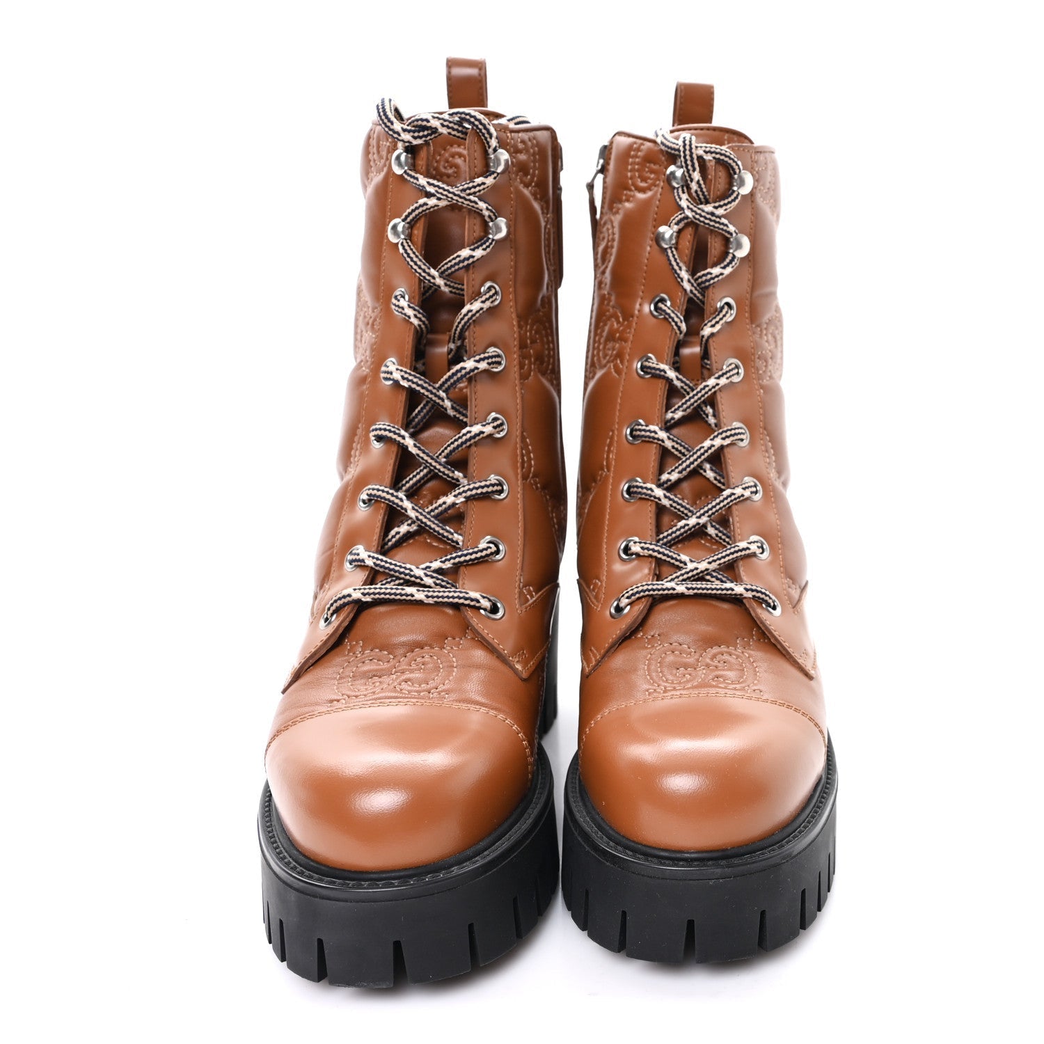 CORDOVAN LUX NAPPA GG MATELASSE LACE UP 60MM COMBAT BOOTS DARK HAZEL BROWN
