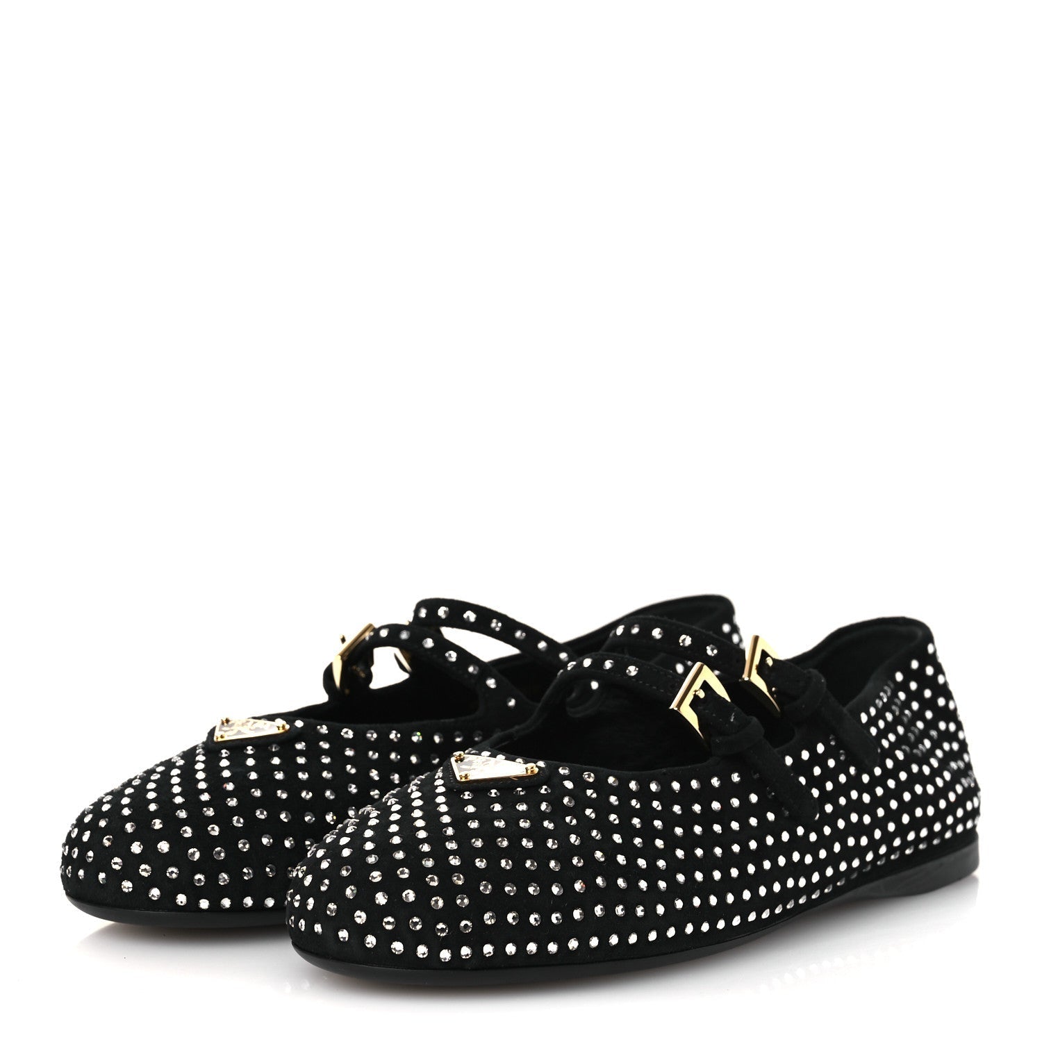 SUEDE CRYSTAL STUDDED BALLERINA FLATS BLACK