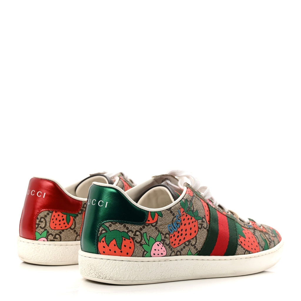 GG SUPREME MONOGRAM STRAWBERRY WEB WOMENS ACE SNEAKERS BEIGE MULTICOLOR RED GREEN