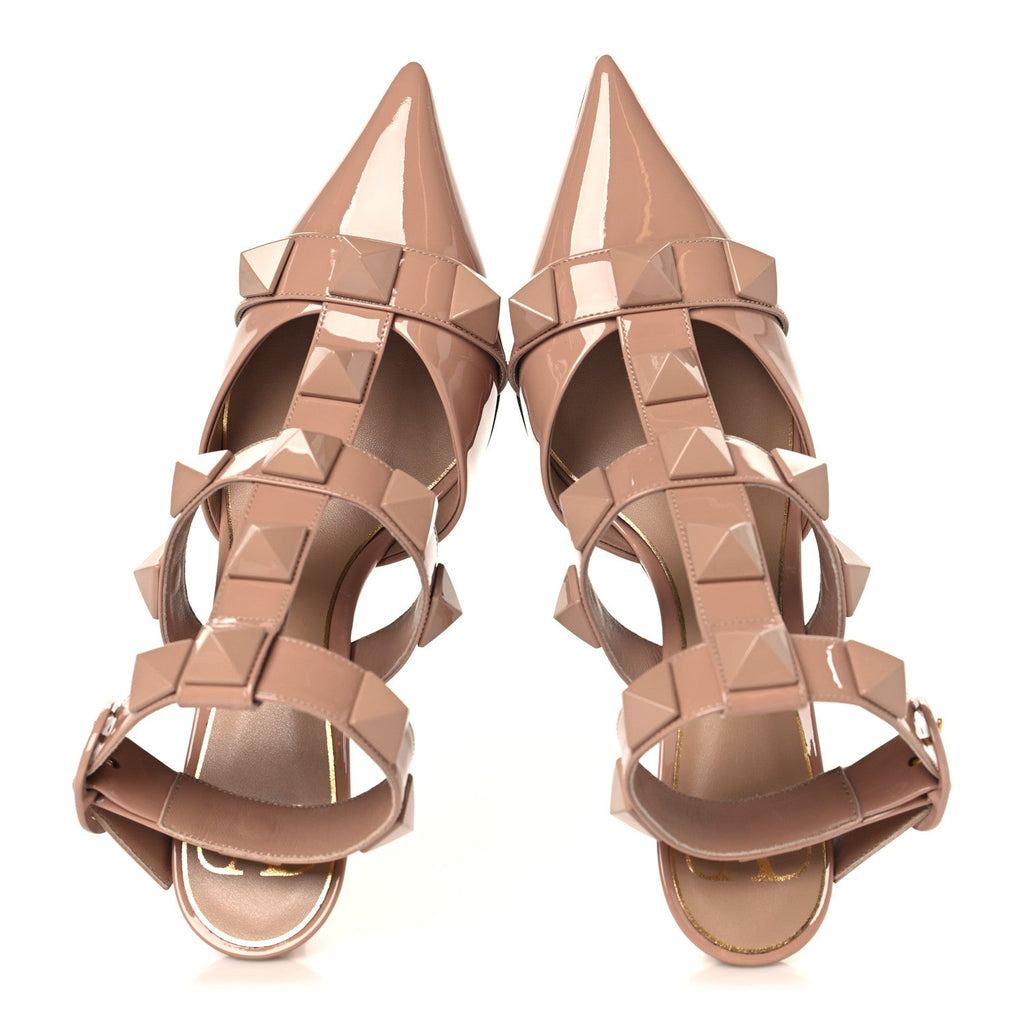 PATENT ENAMEL MONOCHROME ROMAN STUD ANKLE STRAP 80MM PUMPS ROSE CANNELLE