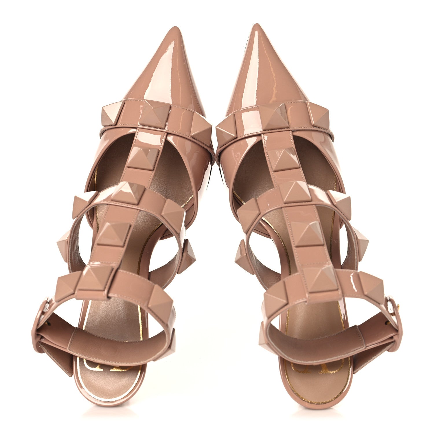 PATENT ENAMEL MONOCHROME ROMAN STUD ANKLE STRAP 80MM PUMPS ROSE CANNELLE