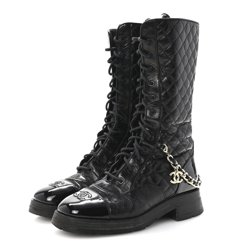 SHINY CALFSKIN PATENT QUILTED CHAIN LACE UP COMBAT LONG BOOTS BLACK