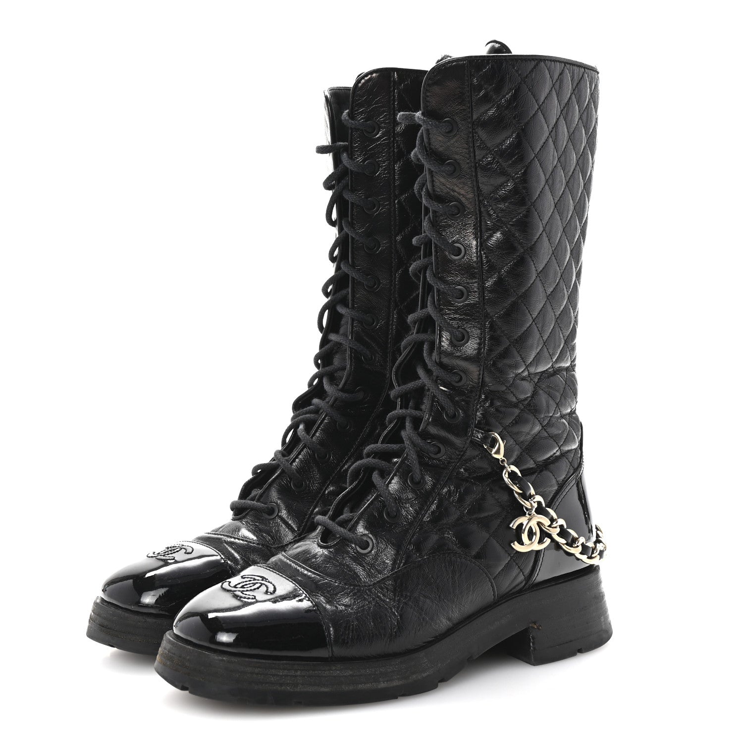 SHINY CALFSKIN PATENT QUILTED CHAIN LACE UP COMBAT LONG BOOTS BLACK