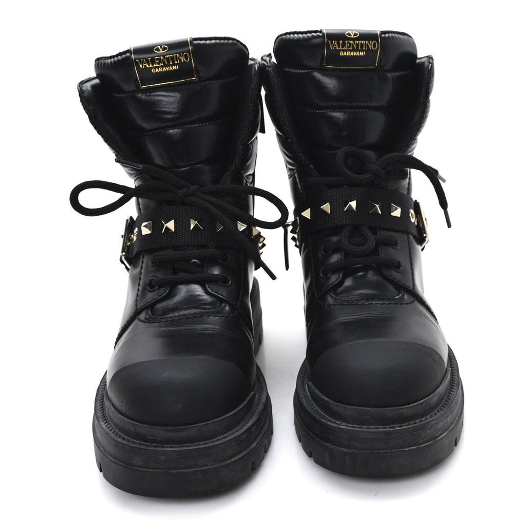 CALFSKIN NYLON QUILTED WATERPROOF ROCKSTUD COMBAT BOOTS BLACK