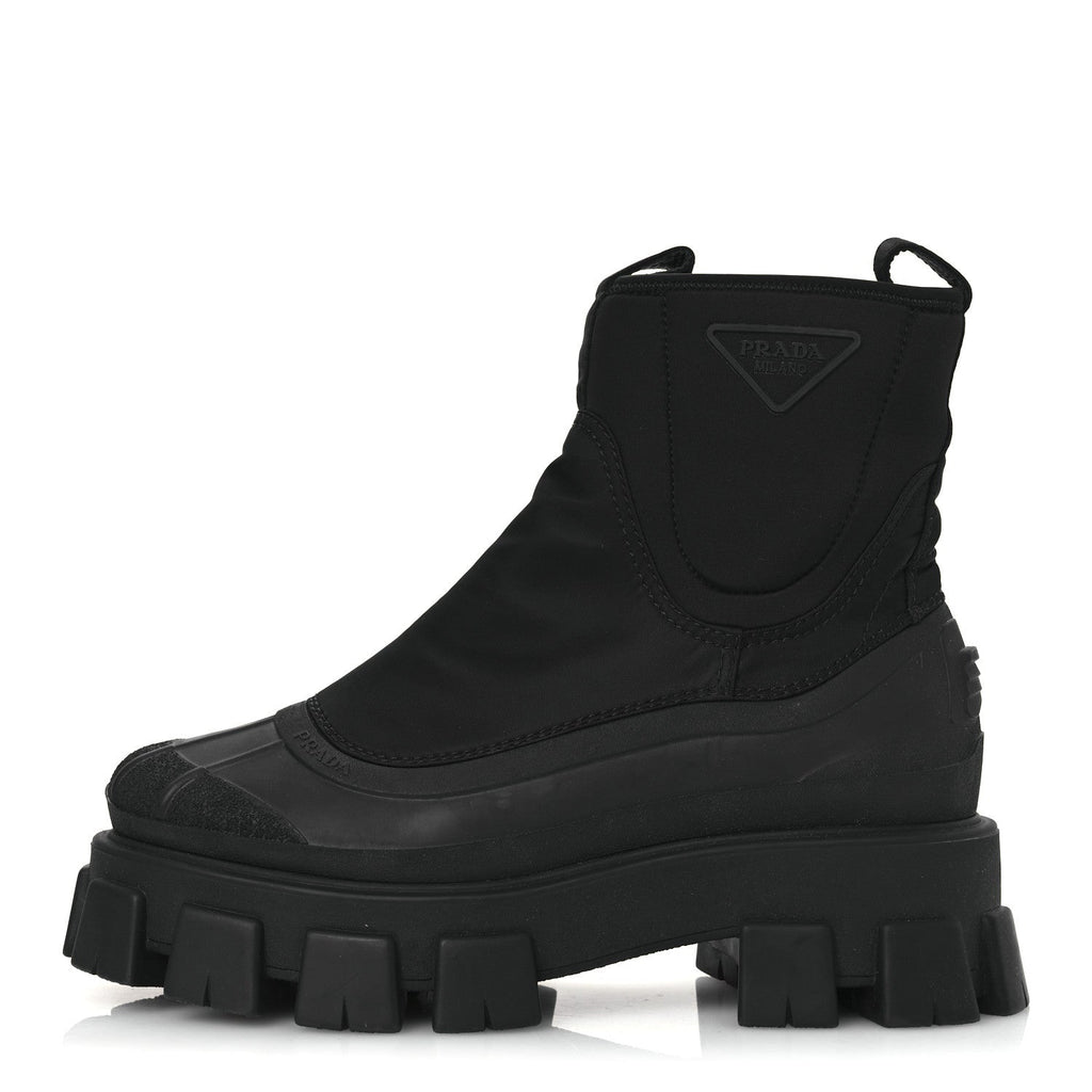 RE-NYLON GABARDINE RUBBER TRIANGLE LOGO WOMENS MONOLITH 55MM ANKLE BOOTS BLACK