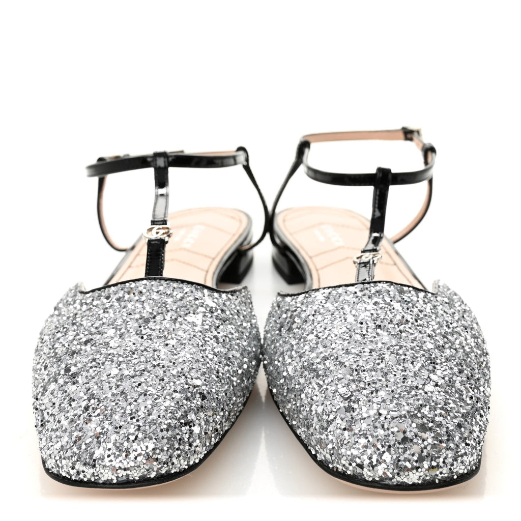 CALFSKIN GLITTER DOUBLE G SLINGBACK FLATS SILVER BLACK