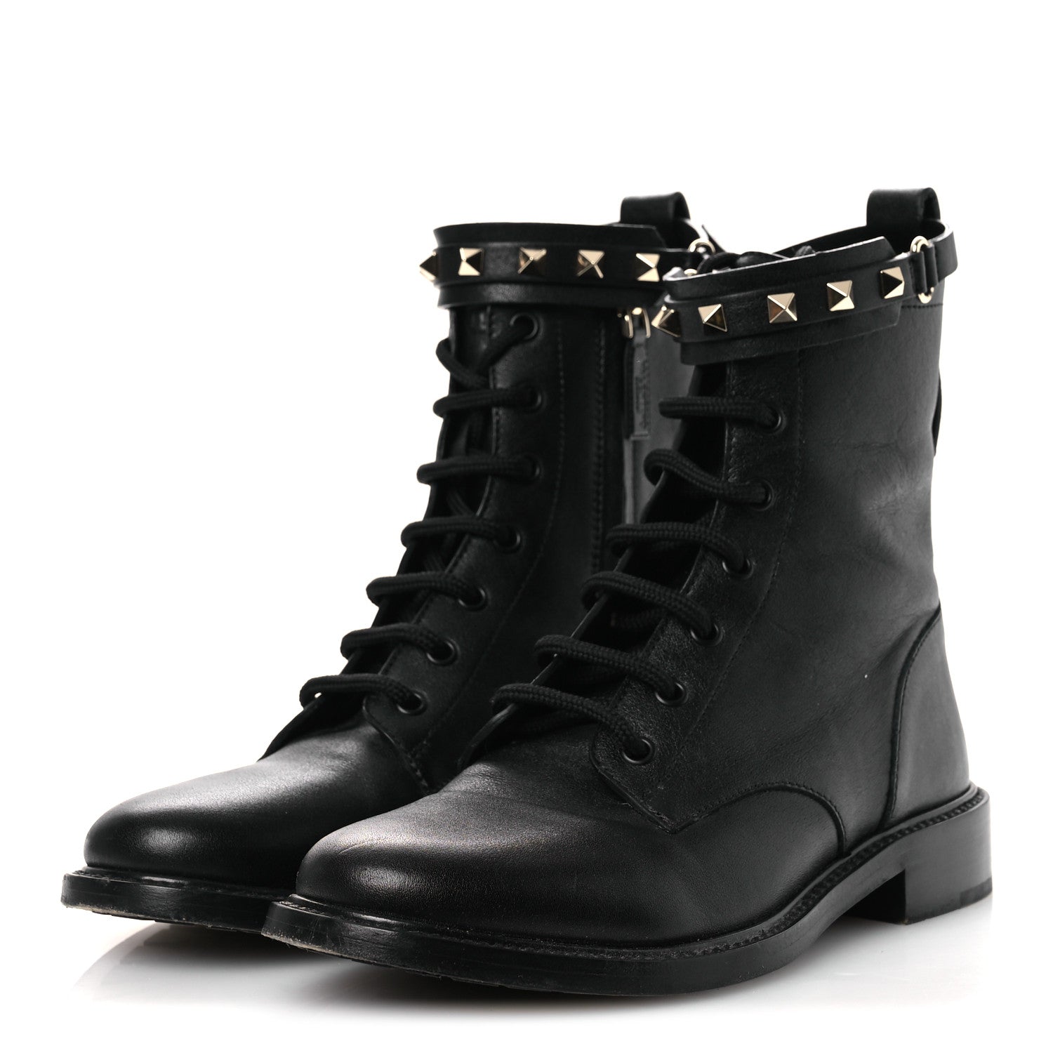 CALFSKIN ROCKSTUD COMBAT ANKLE BOOTS BLACK
