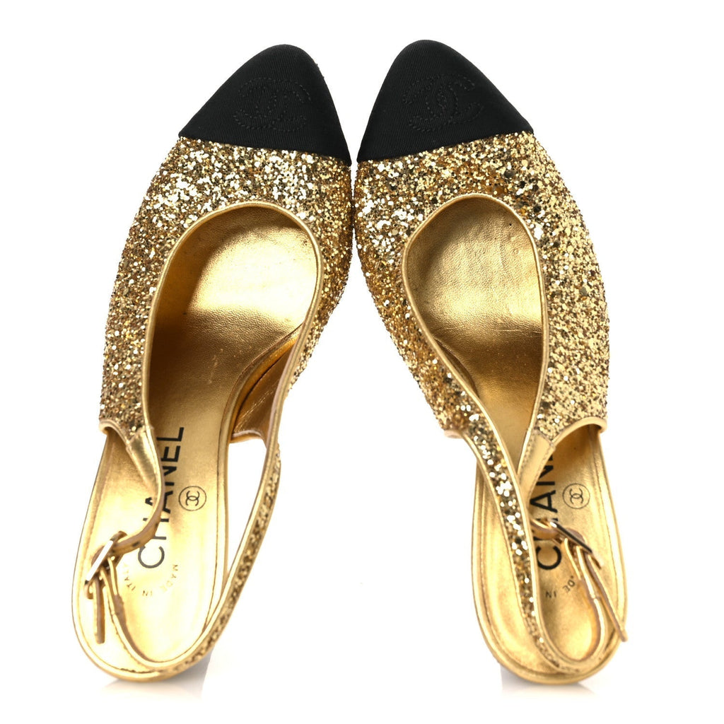GLITTER GROSGRAIN CAP TOE CC SLINGBACK PUMPS GOLD BLACK