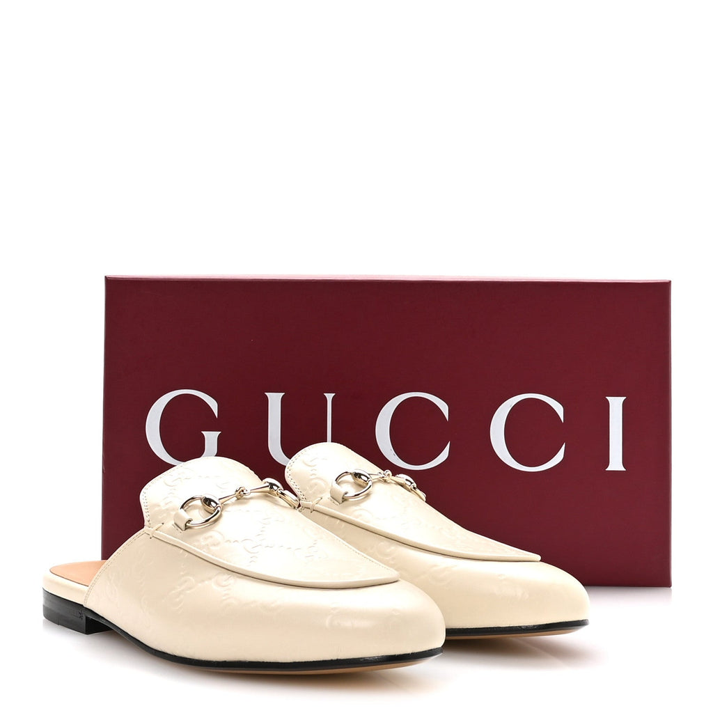 GLAMOUR CALFSKIN GUCCISSIMA WOMENS PRINCETOWN SLIPPERS MYSTIC WHITE