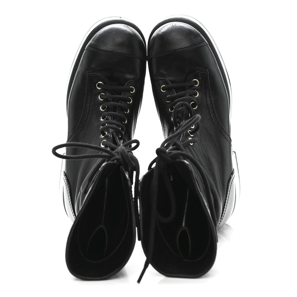 LAMBSKIN PATENT CALFSKIN QUILTED CC LACE UP COMBAT BOOTS BLACK