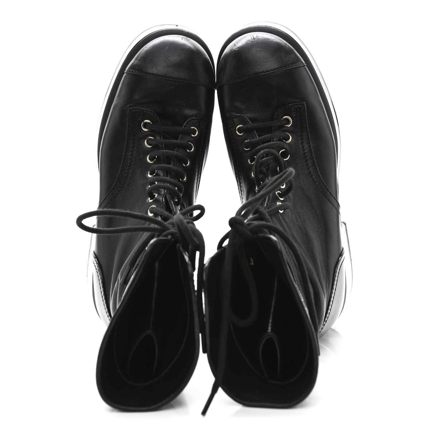 LAMBSKIN PATENT CALFSKIN QUILTED CC LACE UP COMBAT BOOTS BLACK