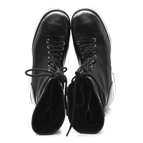 LAMBSKIN PATENT CALFSKIN QUILTED CC LACE UP COMBAT BOOTS BLACK