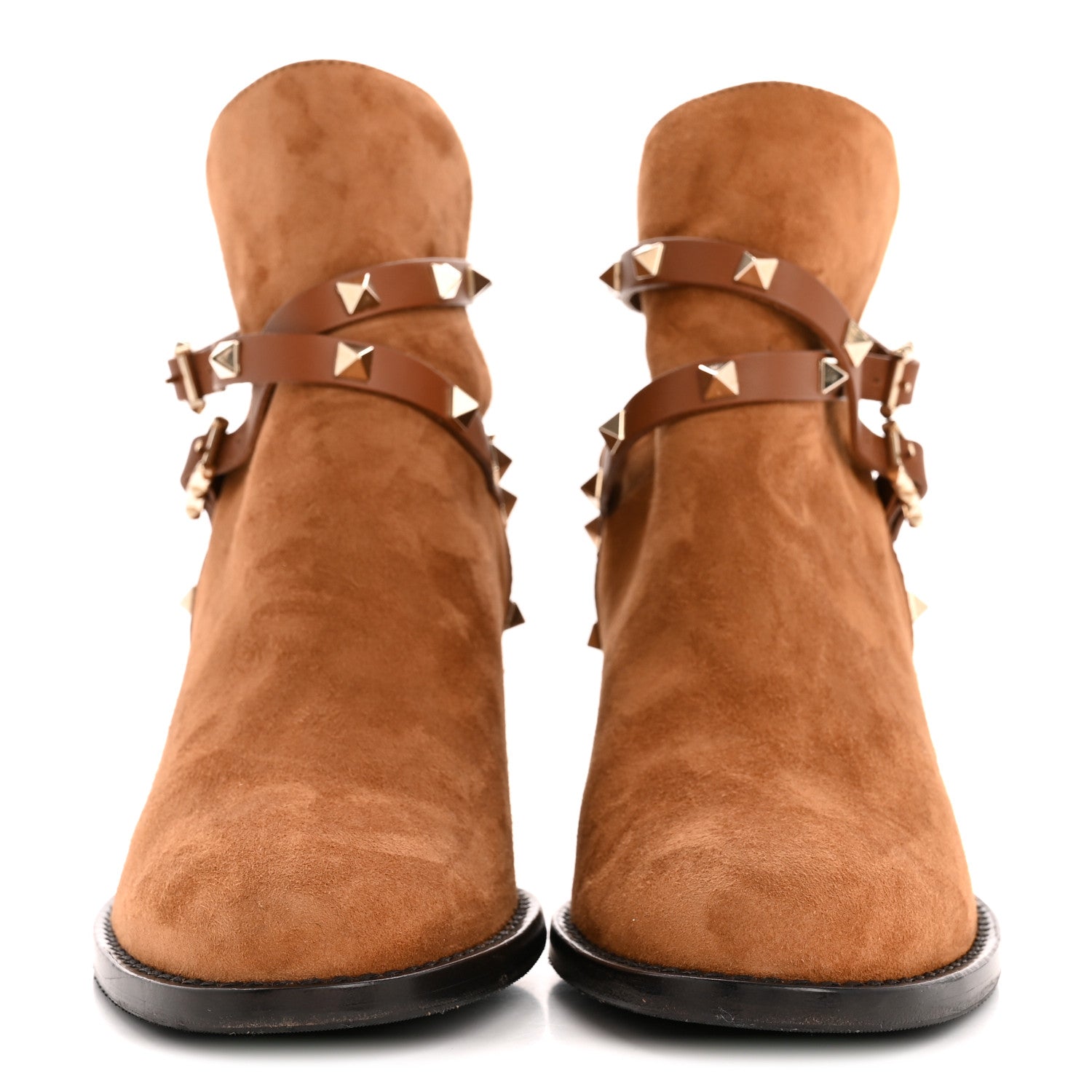 SUEDE ROCKSTUD DOUBLE BUCKLE 100MM BLOCK HEEL ANKLE BOOTS BROWN
