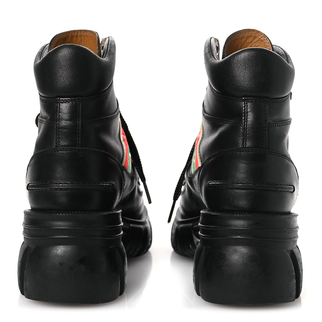 QUEBEC CALFSKIN WEB WOMENS INTERLOCKING G LACE UP COMBAT BOOTS BLACK MYSTIC WHITE GREEN RED