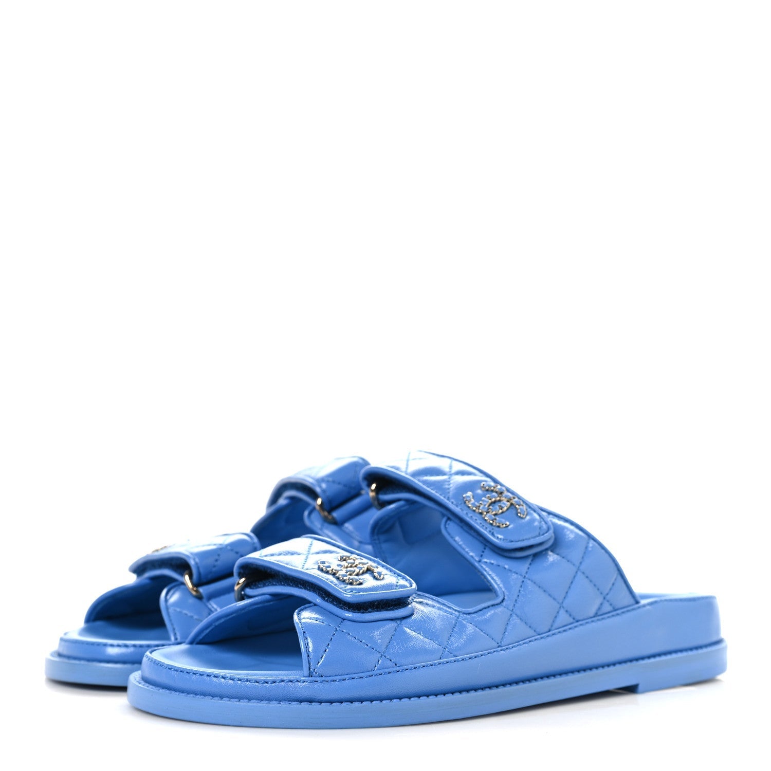 LAMBSKIN QUILTED VELCRO DAD CHAIN CC SLIDE SANDALS BLUE