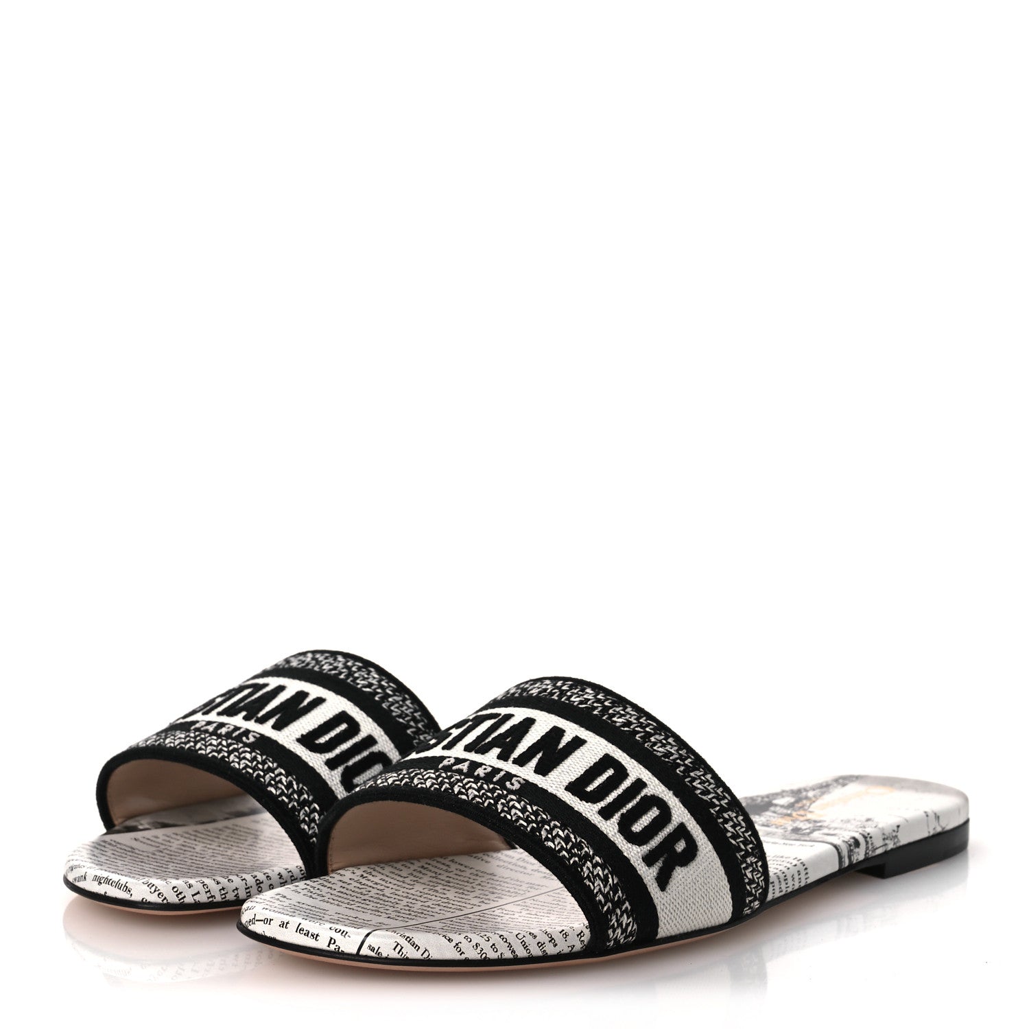 CALFSKIN NEWSPAPER PRINTED EMBROIDERED DWAY FLAT SLIDE SANDALS WHITE