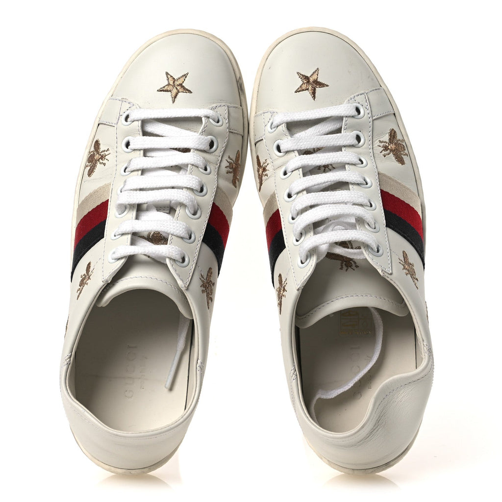 CALFSKIN BEE STAR EMBROIDERED SYLVIE WEB ACE SNEAKERS WHITE