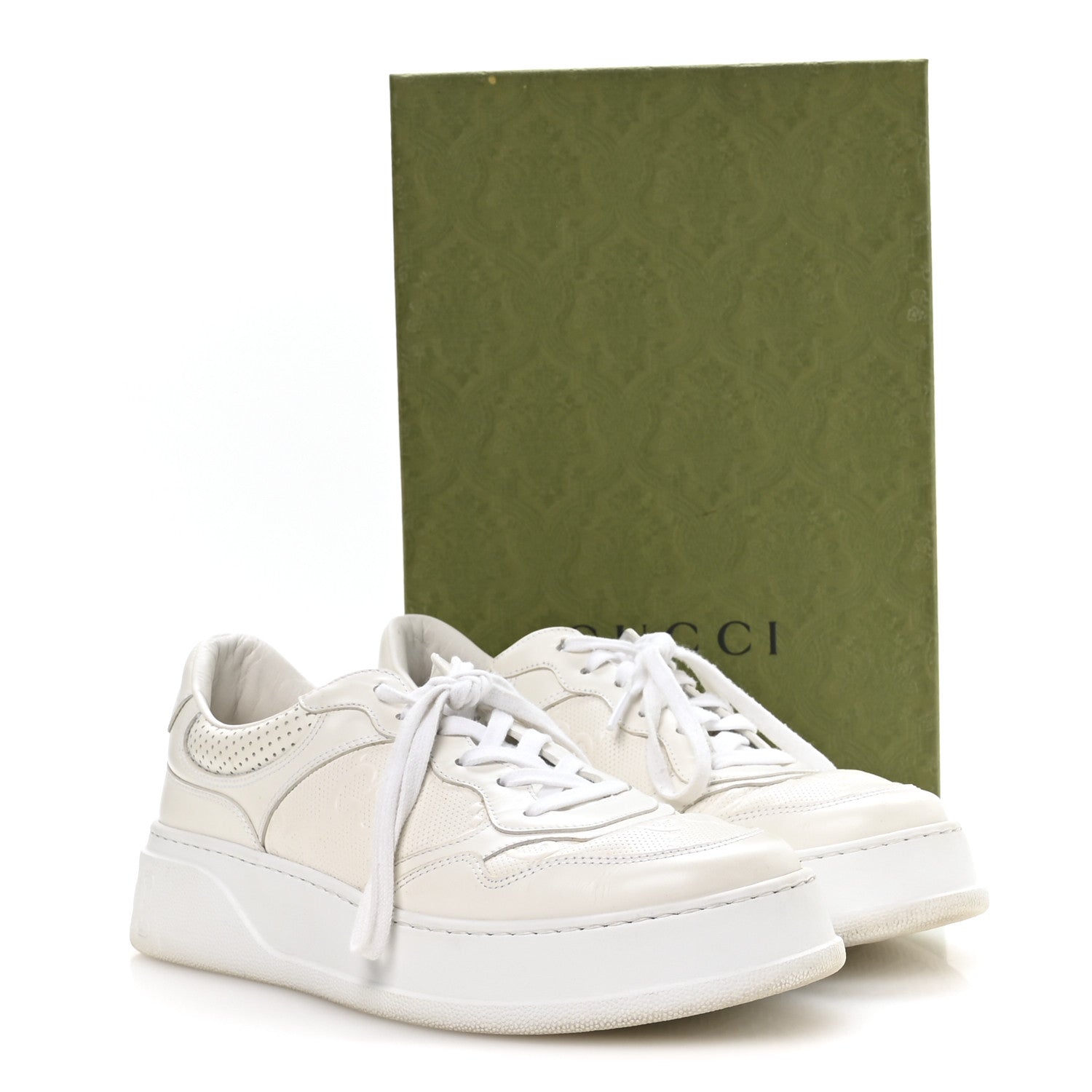 CALFSKIN GG TENNIS EMBOSSED PERFORATED MENS INTERLOCKING G 55MM SNEAKERS GREAT WHITE