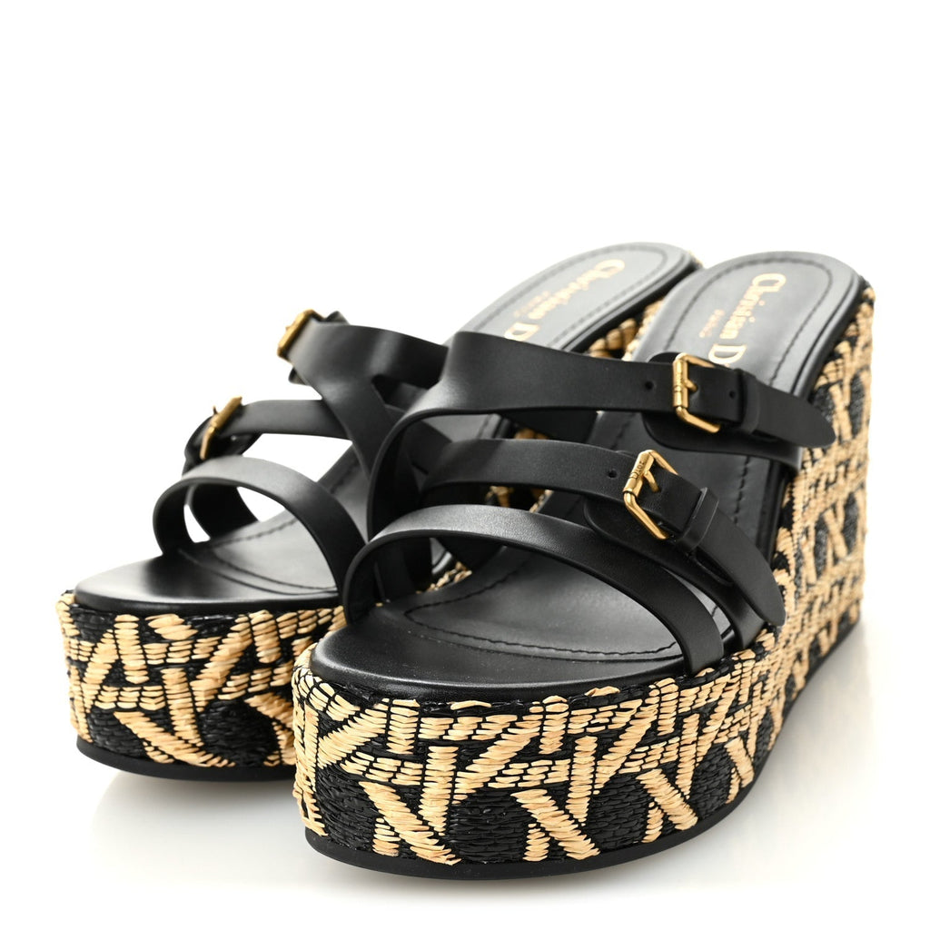 RAFFIA CALFSKIN L'AMAZONE WEDGE SANDALS BLACK NATURAL