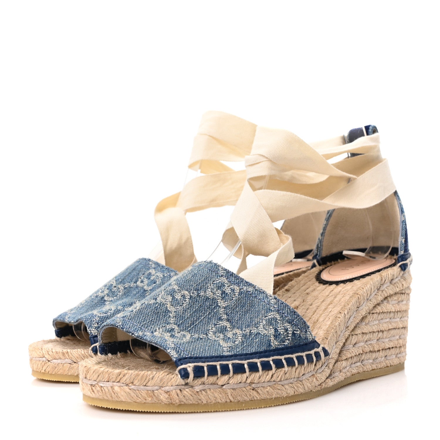 NEW DENIM GG MONOGRAM PILAR ANKLE WRAP ESPADRILLE WEDGE SANDALS LIGHT BLUE