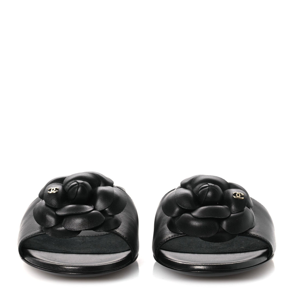 LAMBSKIN CAMELLIA SANDAL MULES BLACK