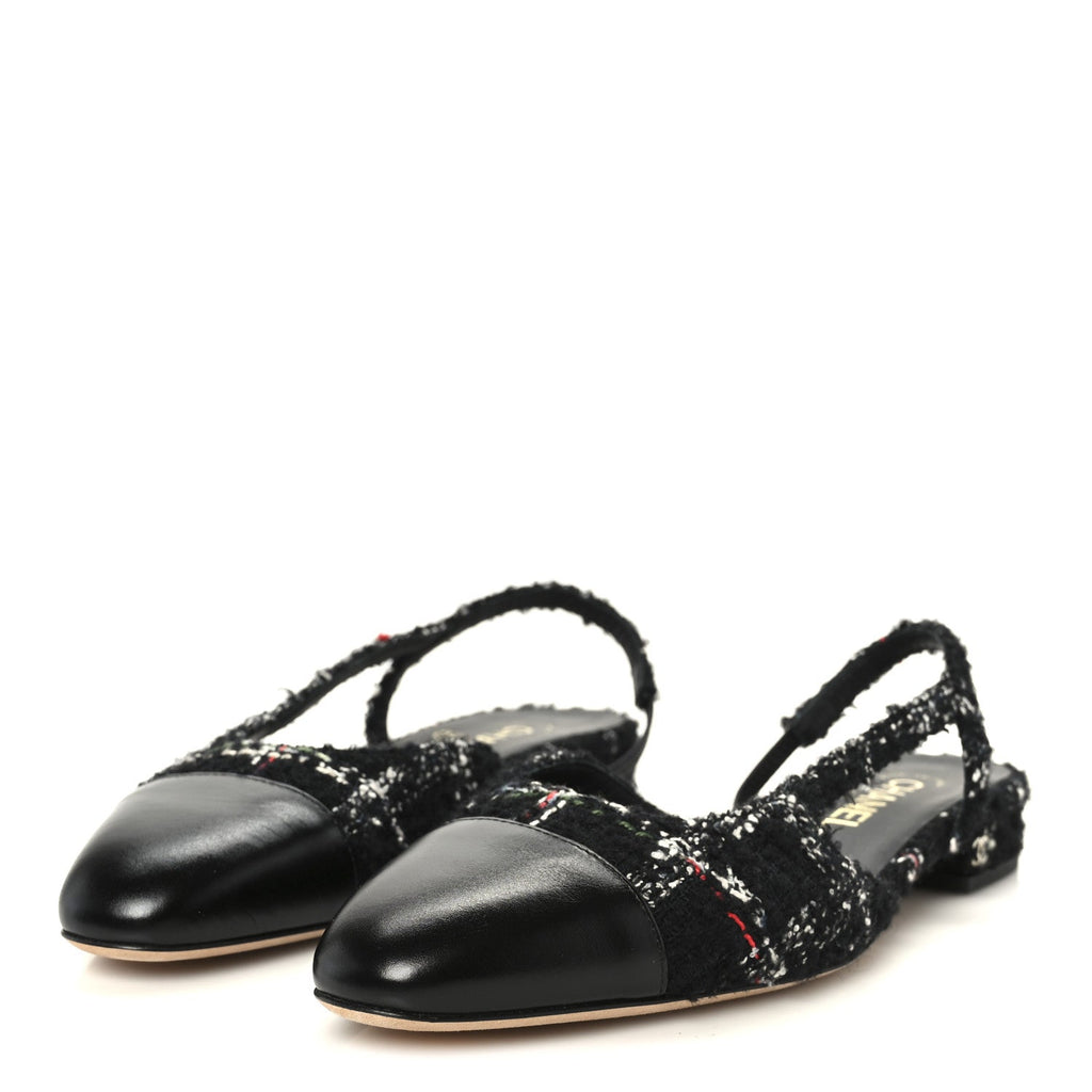 TWEED LAMBSKIN CAP TOE CC SLINGBACK FLATS BLACK WHITE MULTICOLOR