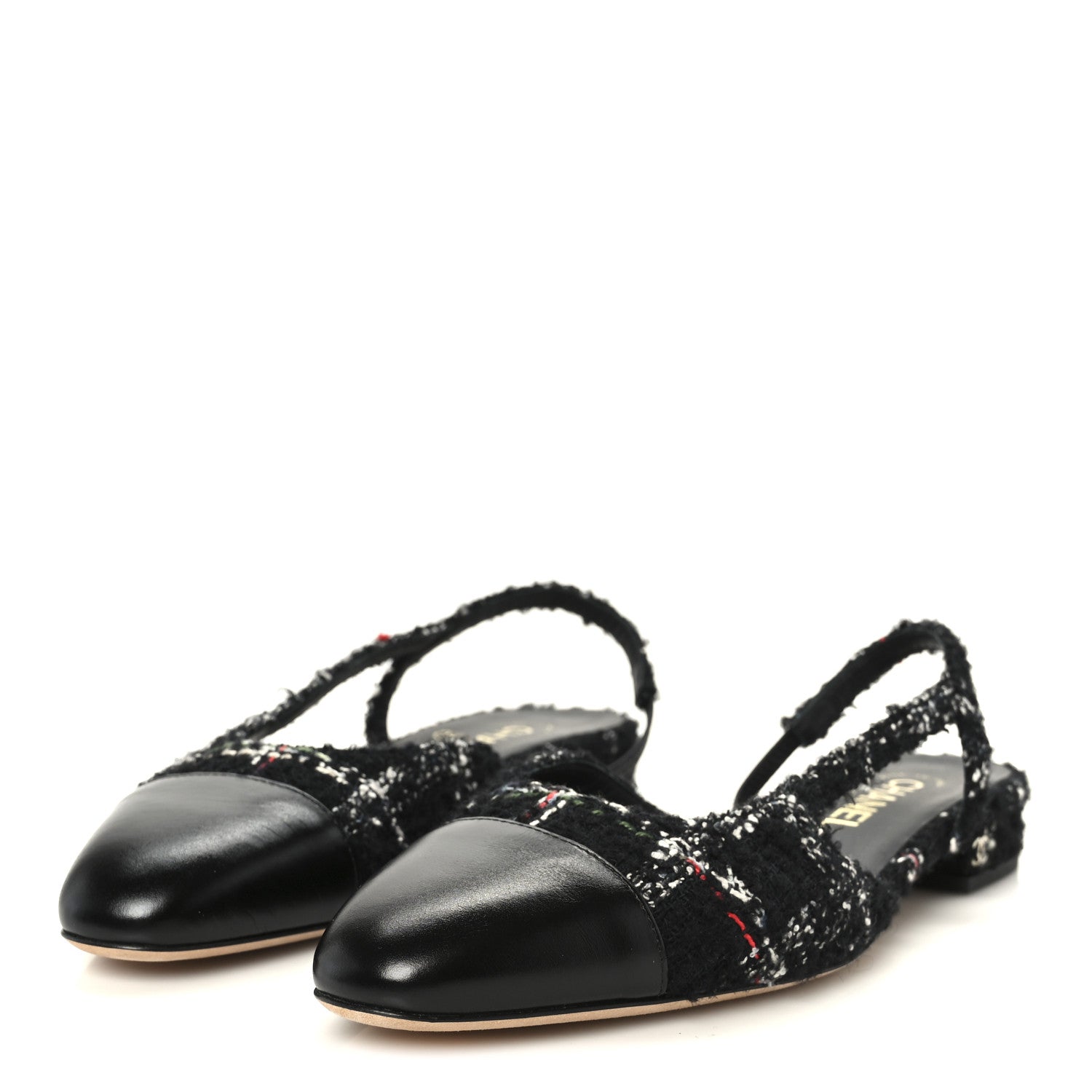 TWEED LAMBSKIN CAP TOE CC SLINGBACK FLATS BLACK WHITE MULTICOLOR