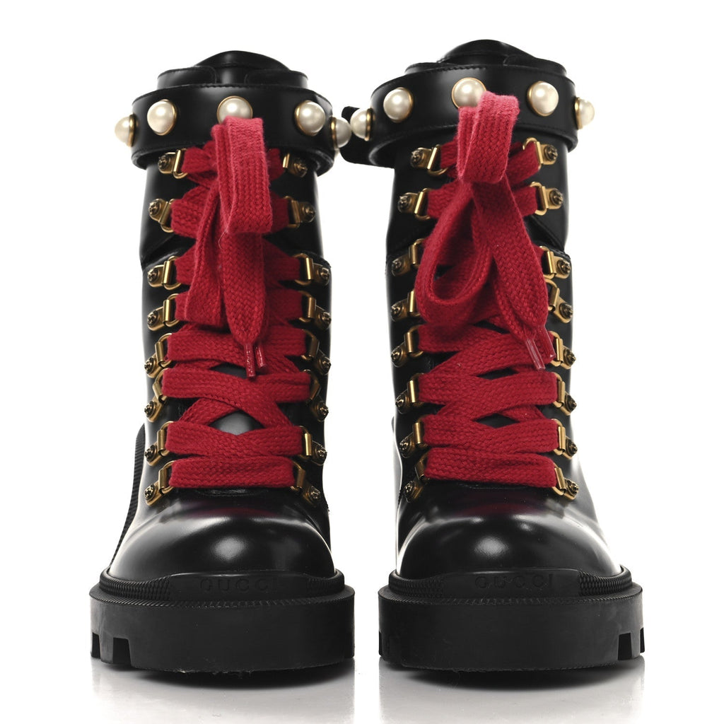 MAGNUM CALFSKIN PEARL LACE UP COMBAT ANKLE BOOTS BLACK