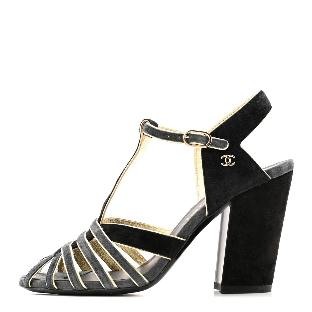 SUEDE CALFSKIN PEEP TOE ANKLE STRAP PUMPS BLACK GREY