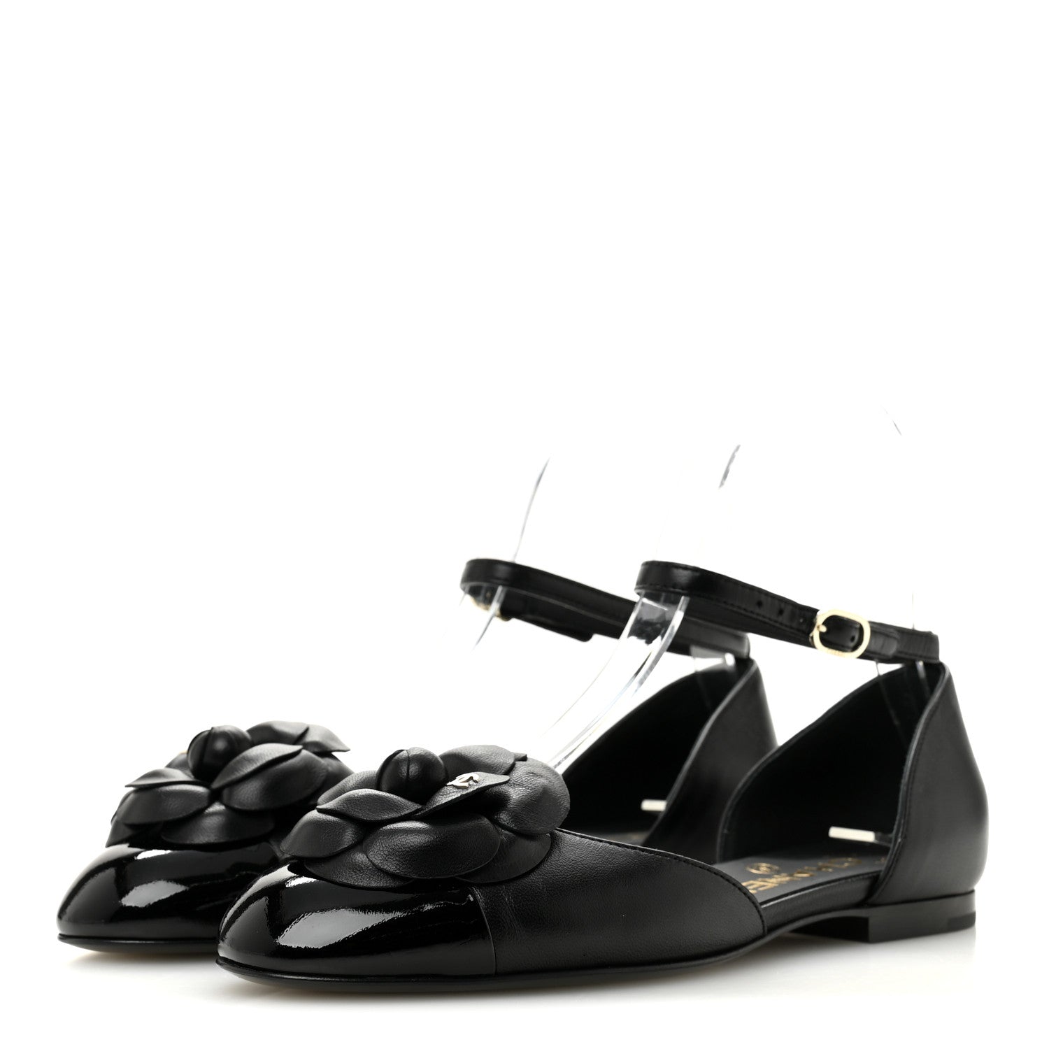 LAMBSKIN PATENT CALFSKIN CAP TOE CAMELLIA MARY JANE FLATS BLACK