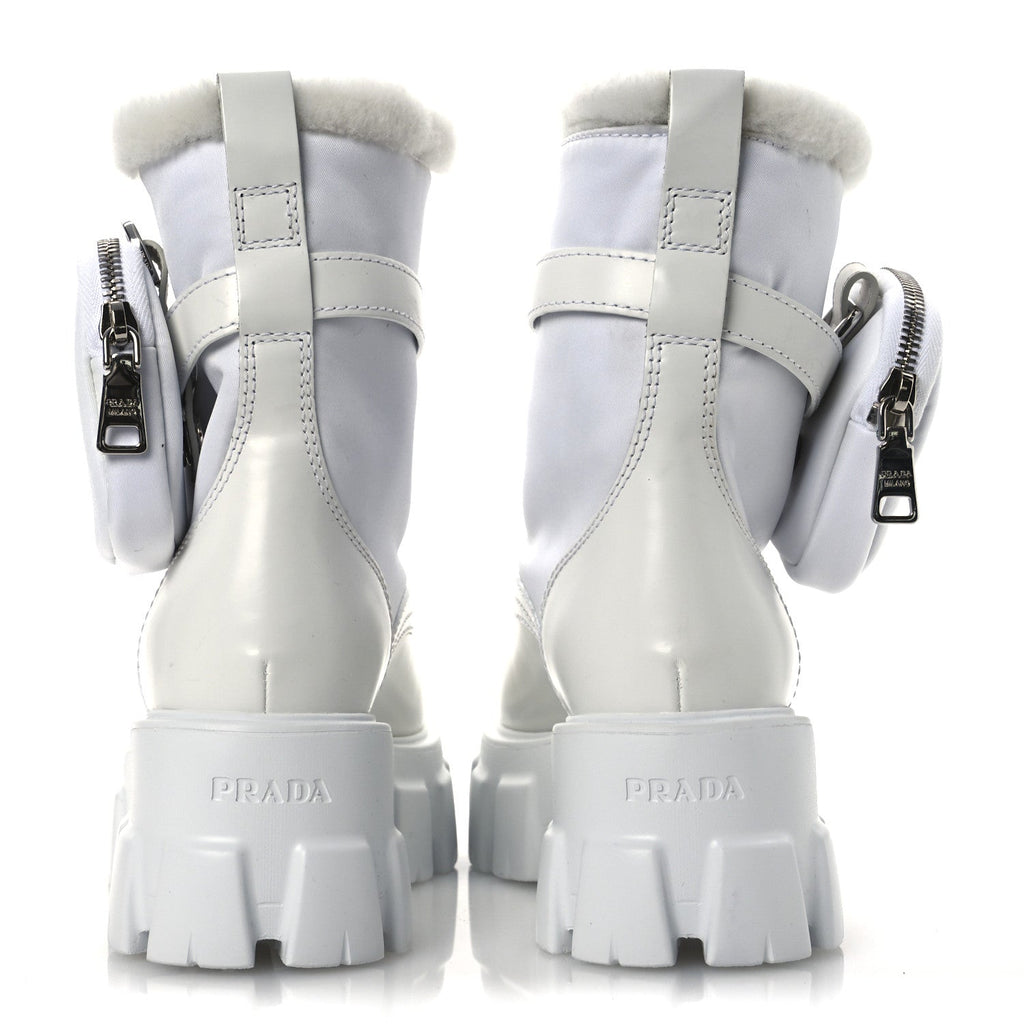 SPAZZOLATO ROIS NYLON SHEARLING METAL TRIANGLE LOGO MONOLITH POUCH POCKET 55MM BOOTS WHITE