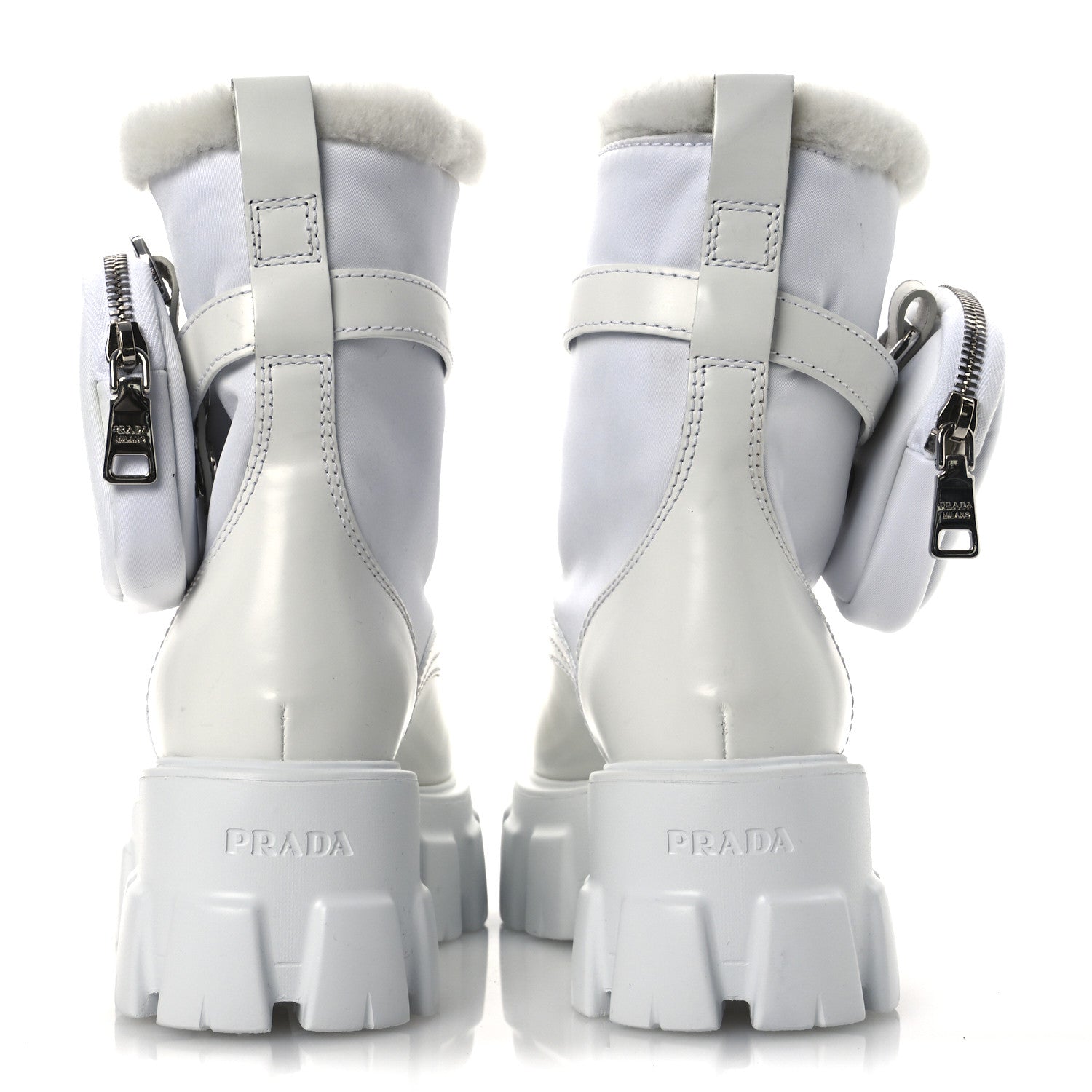 SPAZZOLATO ROIS NYLON SHEARLING METAL TRIANGLE LOGO MONOLITH POUCH POCKET 55MM BOOTS WHITE
