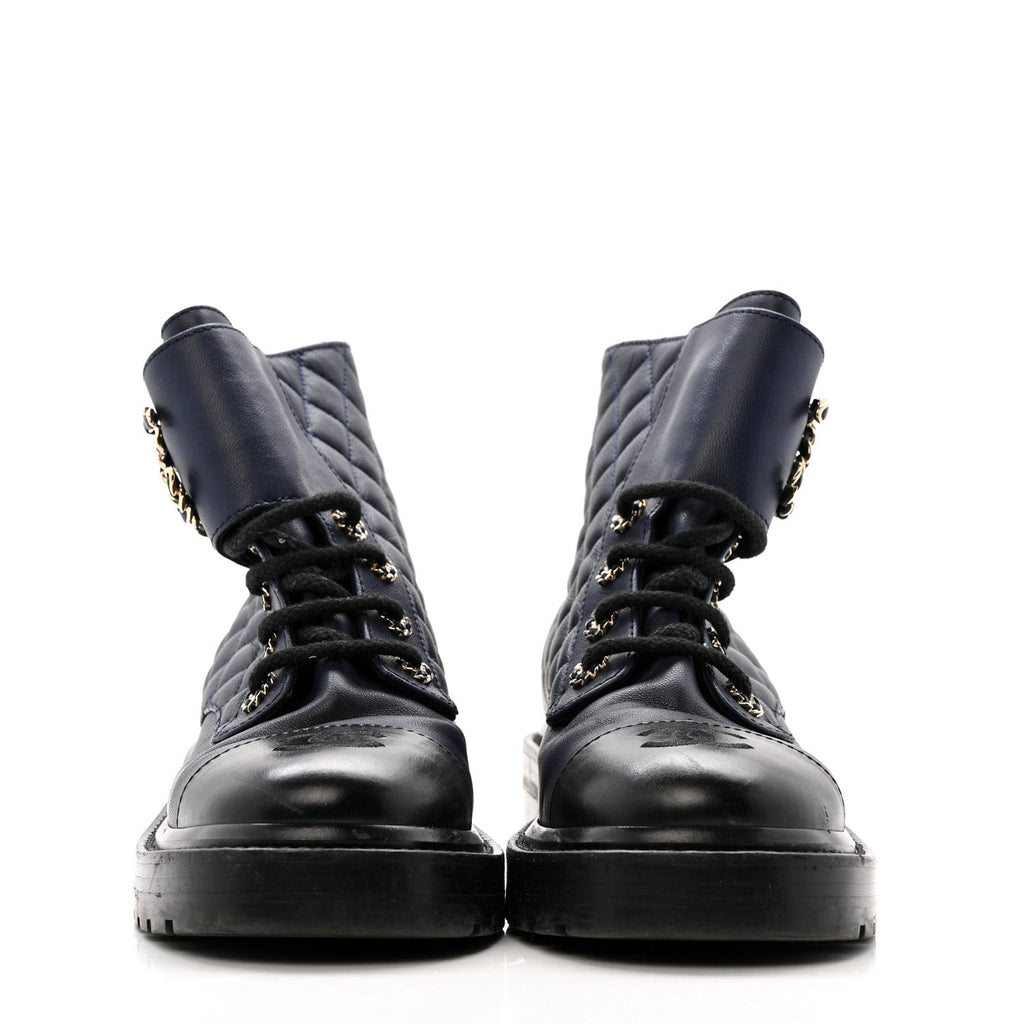 SHINY LAMBSKIN QUILTED LACE UP COMBAT BOOTS NAVY BLACK