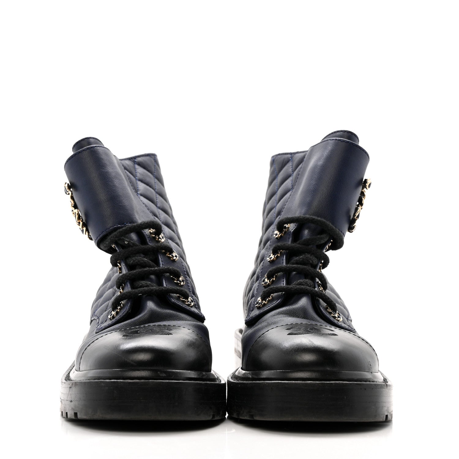 SHINY LAMBSKIN QUILTED LACE UP COMBAT BOOTS NAVY BLACK