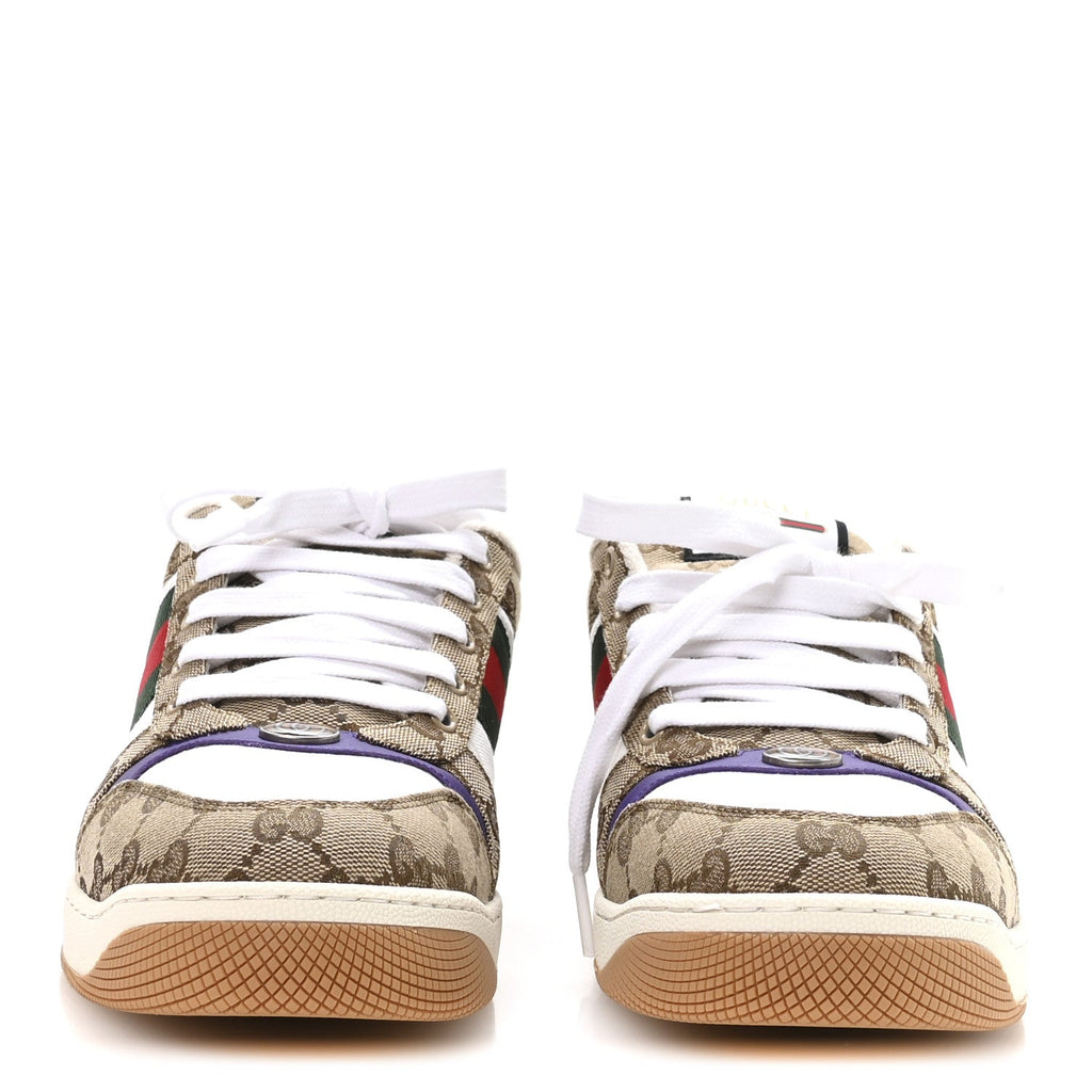 GG SUPEREME MONOGRAM CALFSKIN WEB MENS SCREENER SNEAKERS BEIGE EBONY WHITE SHINE PURPLE