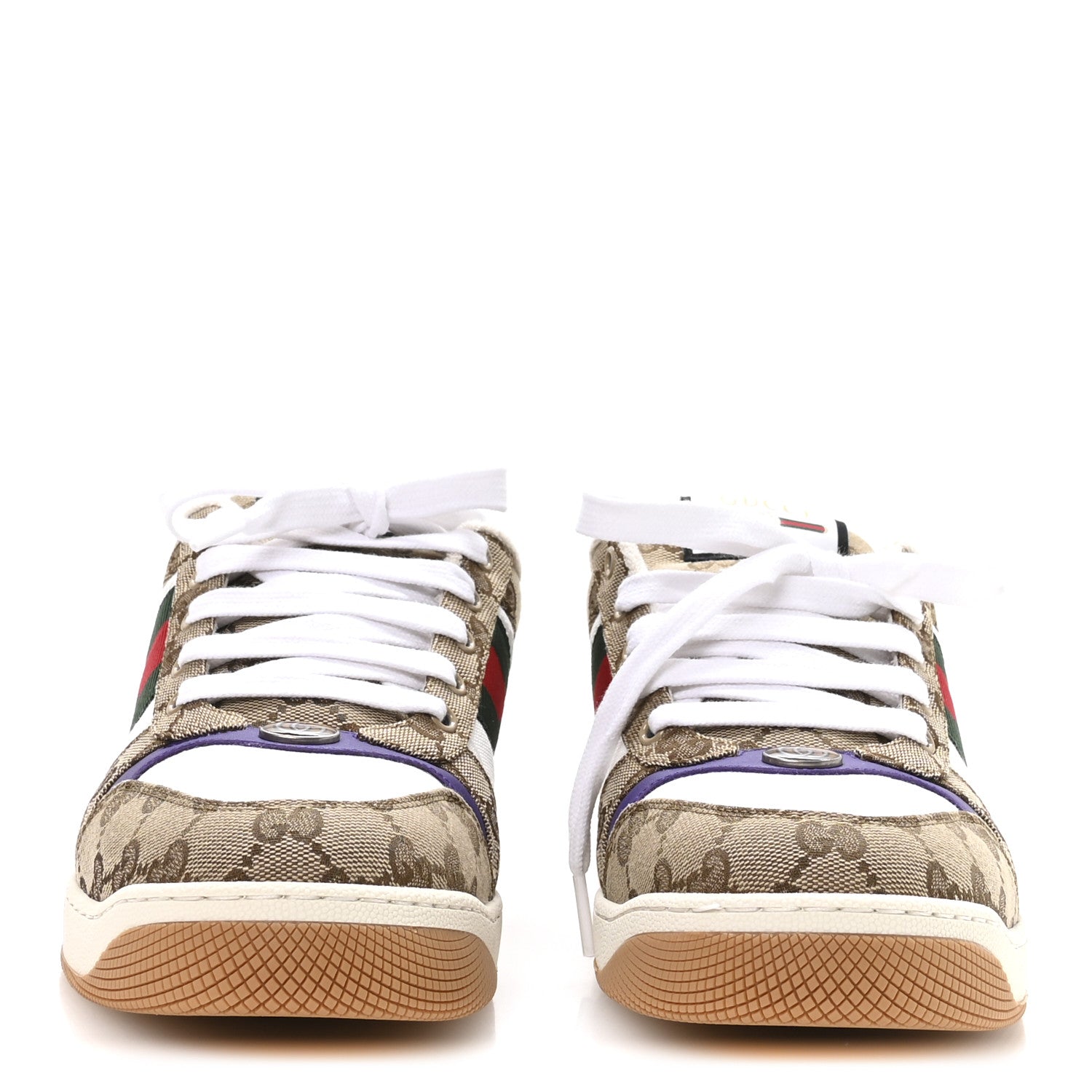 GG SUPEREME MONOGRAM CALFSKIN WEB MENS SCREENER SNEAKERS BEIGE EBONY WHITE SHINE PURPLE