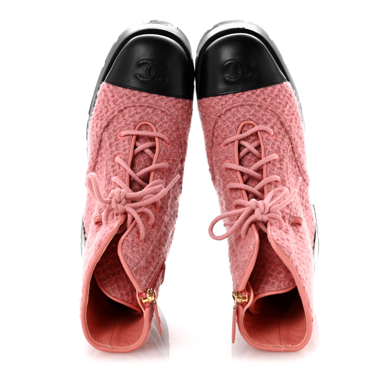 WOOL TWEED CALFSKIN CHAIN LACE UP COMBAT BOOTS PINK BLACK