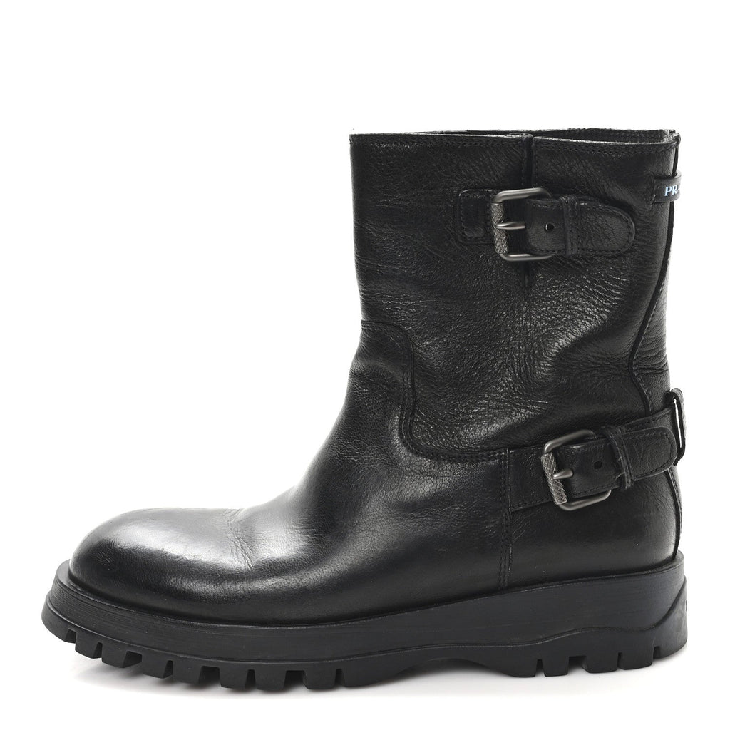 CALFSKIN DOUBLE BUCKLE COMBAT BOOTS BLACK