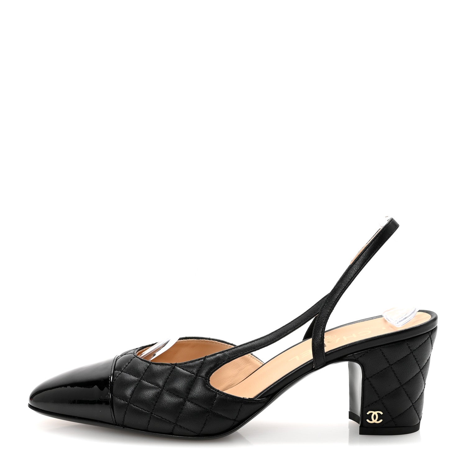 LAMBSKIN PATENT CALFSKIN QUILTED CAP TOE CC SLINGBACK PUMPS BLACK