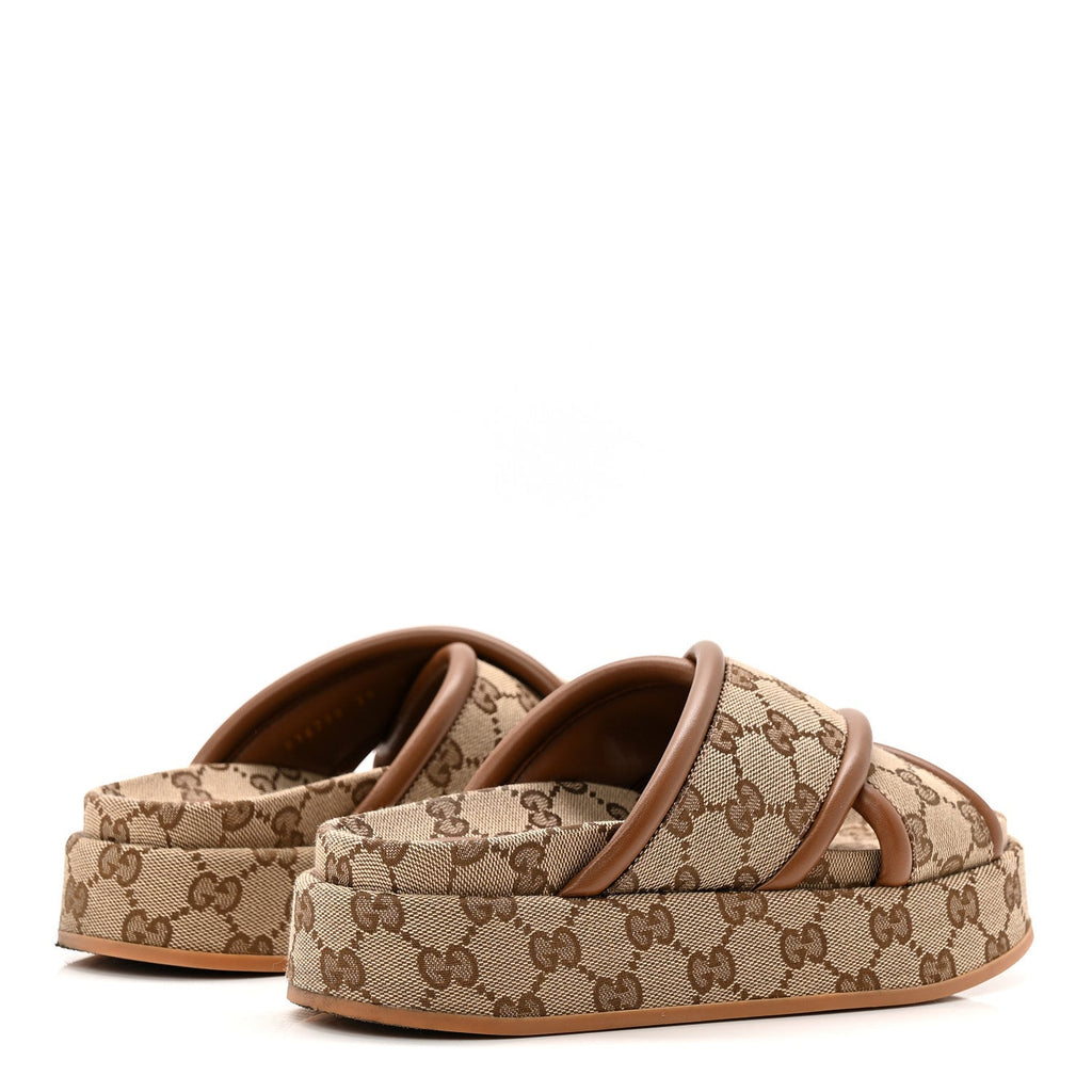 MONOGRAM GG CALFSKIN ANGELINA PLATFORM 55MM SLIDE SANDALS CAMEL EBONY