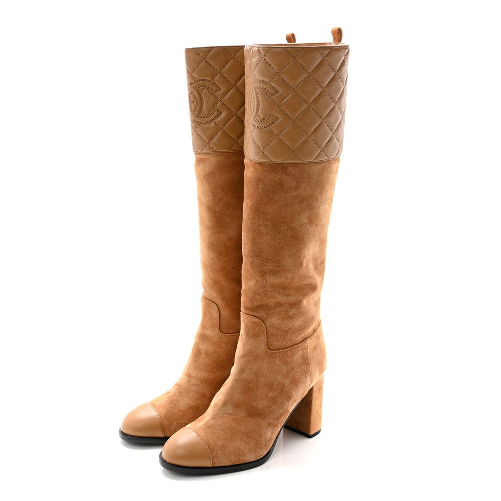 SUEDE CALFSKIN LAMBSKIN QUILTED KNEE HIGH HEEL BOOTS BEIGE