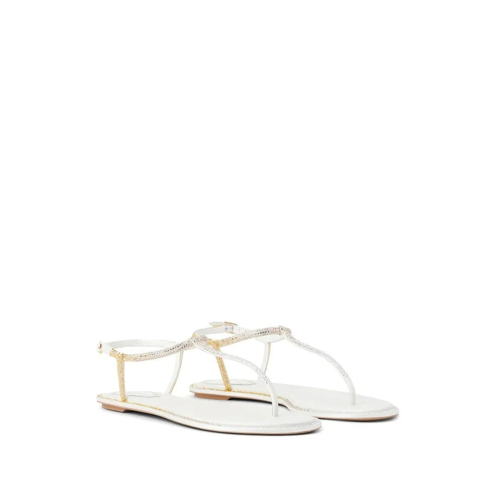 René Caovilla Diana 10 Crystal Flat Sandal - White/Gold