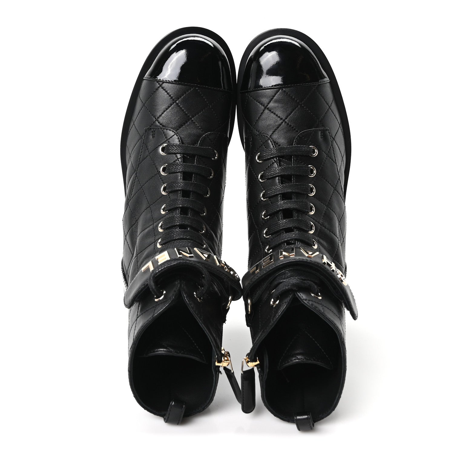 LAMBSKIN PATENT CALFSKIN QUILTED LOGO LACE UP COMBAT BOOTS BLACK