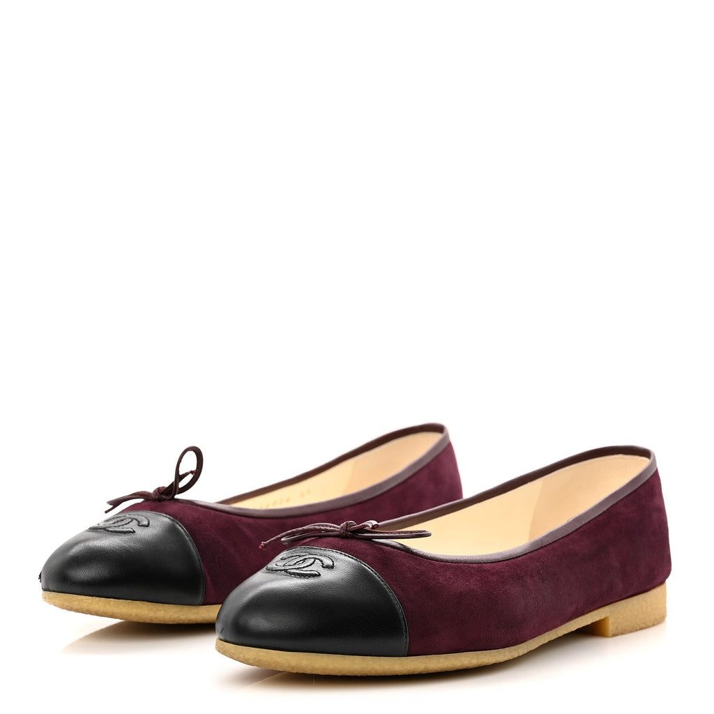 SUEDE LAMBSKIN CAP TOE CC BALLERINA FLATS BURGUNDY BLACK